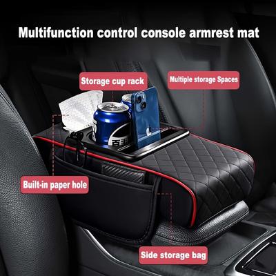 1 PU-Leder-Armlehnenkissen für die Mittelkonsole des Autos, dickes Armlehnenbox-Pad, Verlängerungskissen mit Getränkehalter, Taschentuchbox, Organizer-Tasche