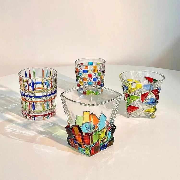Italian Designer's Hand-painted and Colorful Line Woven Crystal Cup Small Gift Glass Cup