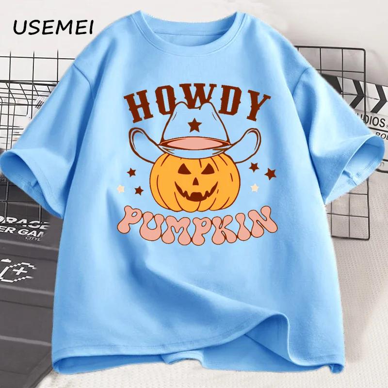 Howdy Pumpkin Graphic T Shirts Halloween T Shirt Fall Cotton Short Sleeve Printed Tshirt Unisex Retro Tees Streetwear Clothes