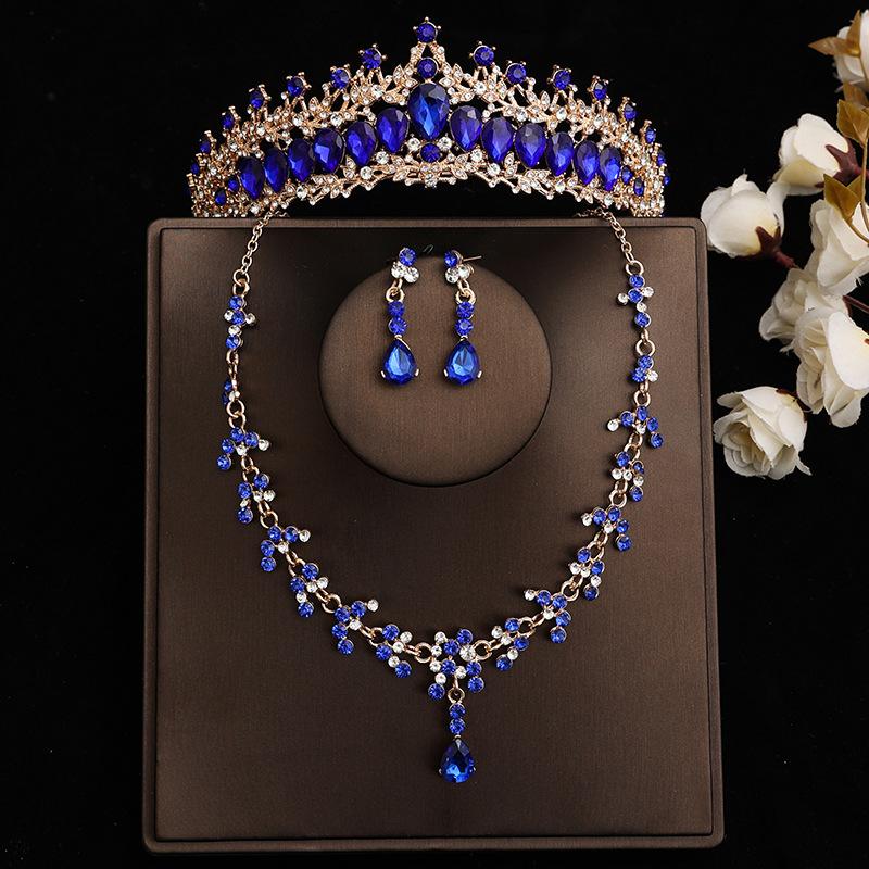 DIEZI Baroque Bridal Rhinestone Crown Tiaras For Women Wedding Princess Queen Blue Crystal Tiaras Necklace Earrings Jewelry Sets