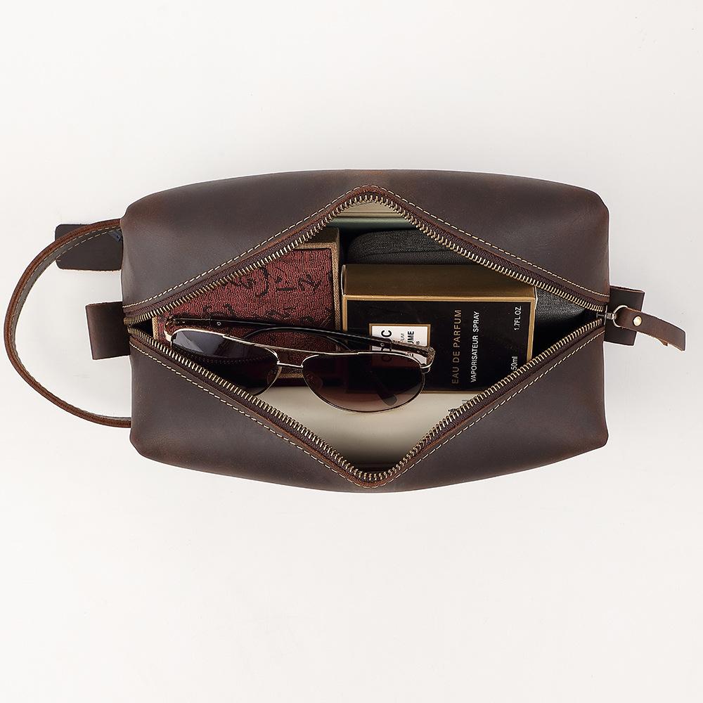 First Layer Cowhide Crazy Horse Leather Wash Bag, Retro Genuine Leather, Large Capacity Stationery Bag, Cowhide Storage Bag