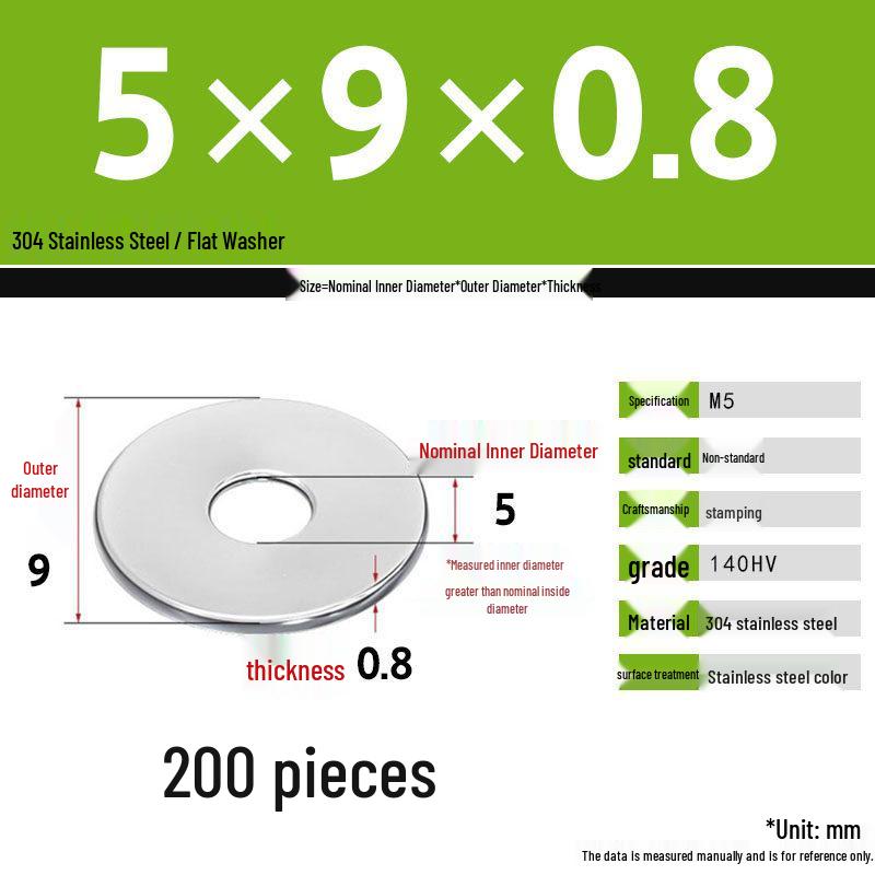 304 Stainless Steel Thickened Flat Washer Set, Sizes 2-36