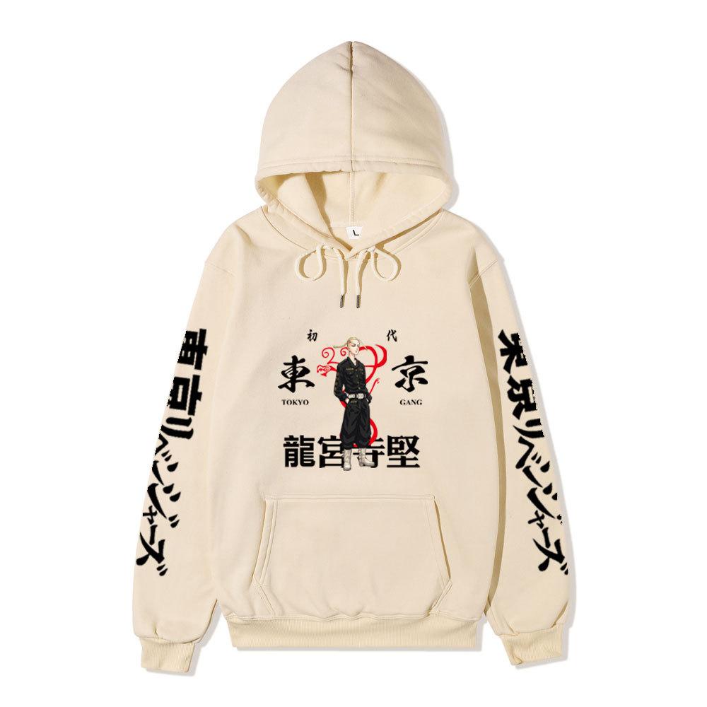 Tokyo Revengers Hoodie with Ryuguji Ken Print, Long Sleeve Pullover Sweatshirt, Anime Street Casual Unisex Sweatshirt with Japanese Text Sleeves
