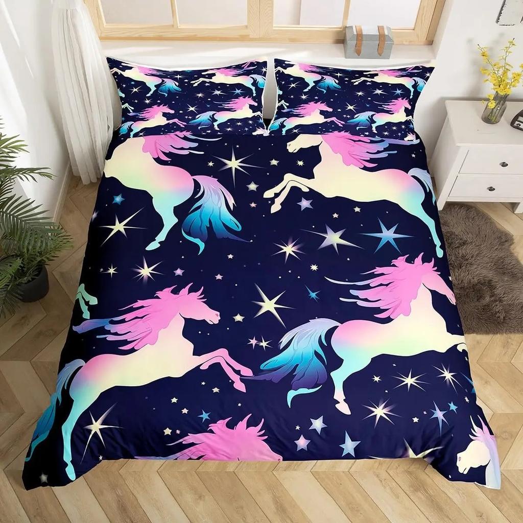 Comforter Kawaii Cartoon Unicorn Girly Fantasy Star Moon Galaxy Bedding Set Twin Queen Size Microfiber Comforter