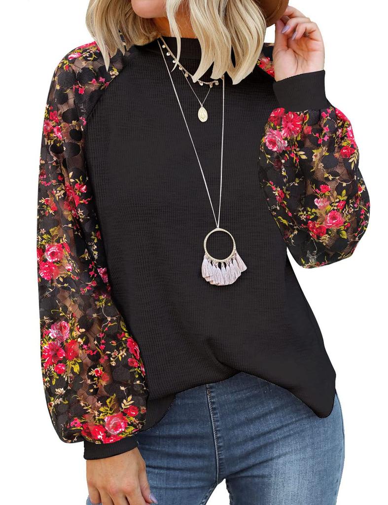 European and American new women's long-sleeved lace casual loose T-shirt top women