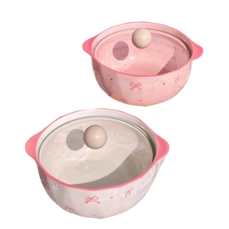 High-Value Ceramic Noodle Bowl with Lid: Super Fairy, Bowknot Design, High-Temperature Resistant, Perfect for Instant Noodles and Rice.
