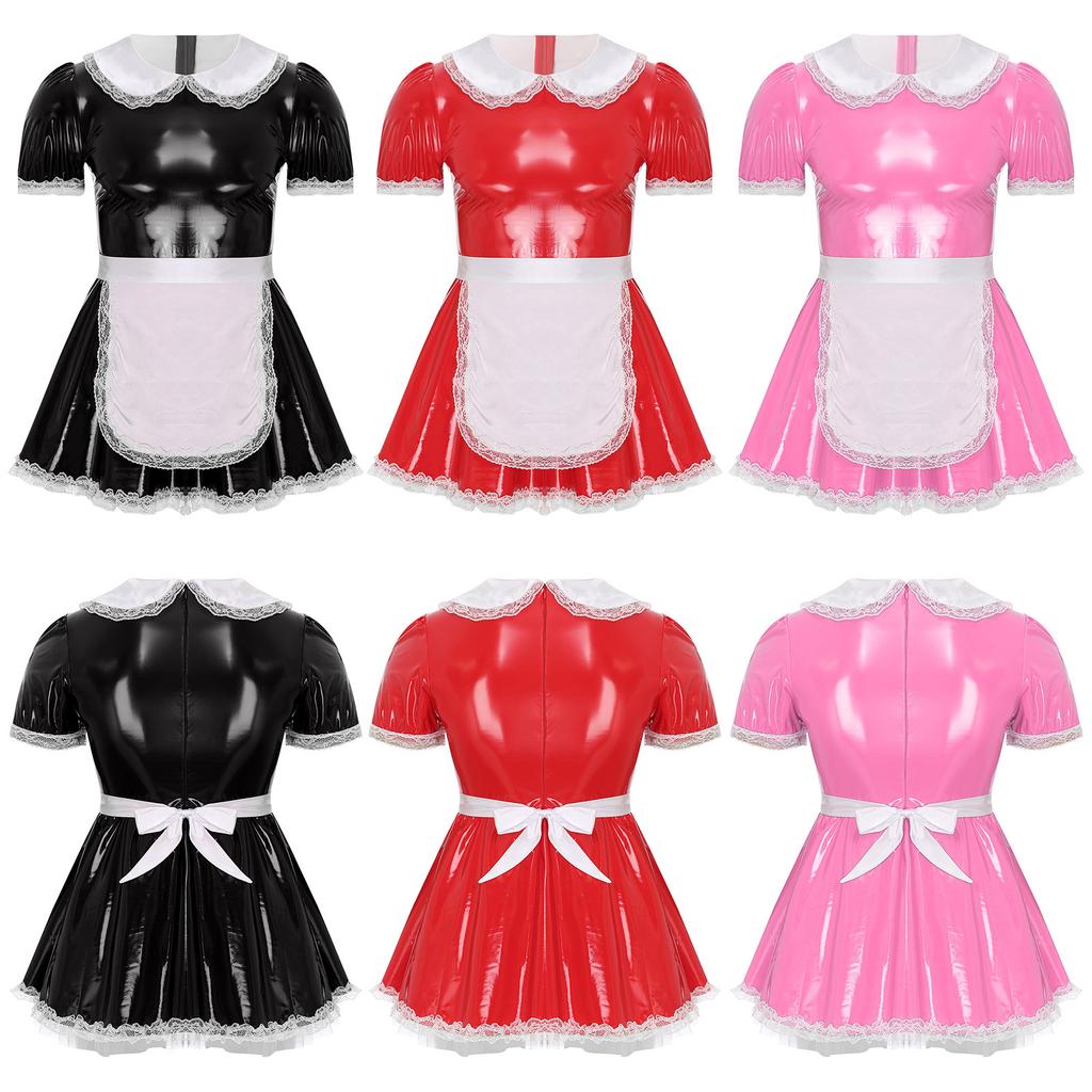 Mens Maid Costume Doll Collar Dress Ruffled Lace Apron Crossdresser Party Role Play Outfit