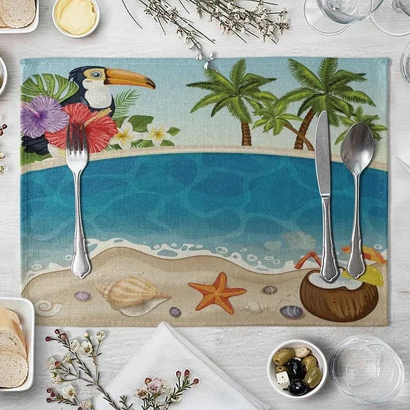 1PC Table Mats for Dining  Seaside Beach Pattern  Placemat Coconut Tree Linen
