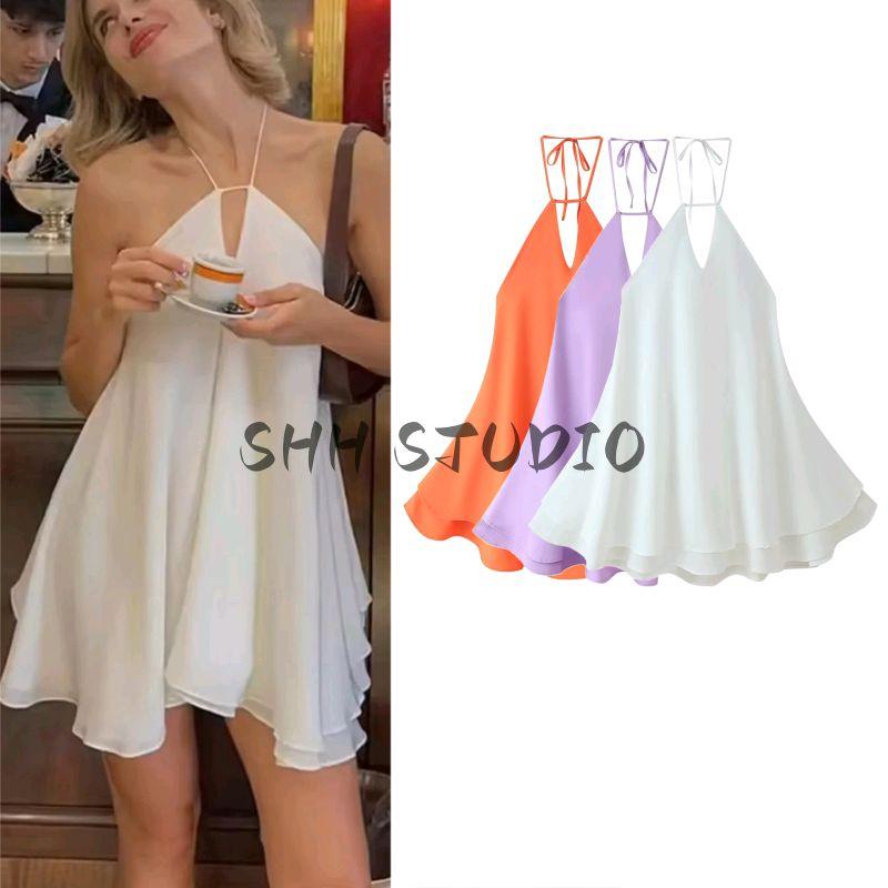Summer New Women Clothes Ins Style Neck Collar Backless Large Skirt Design High Waist A Word Short Sling Dress