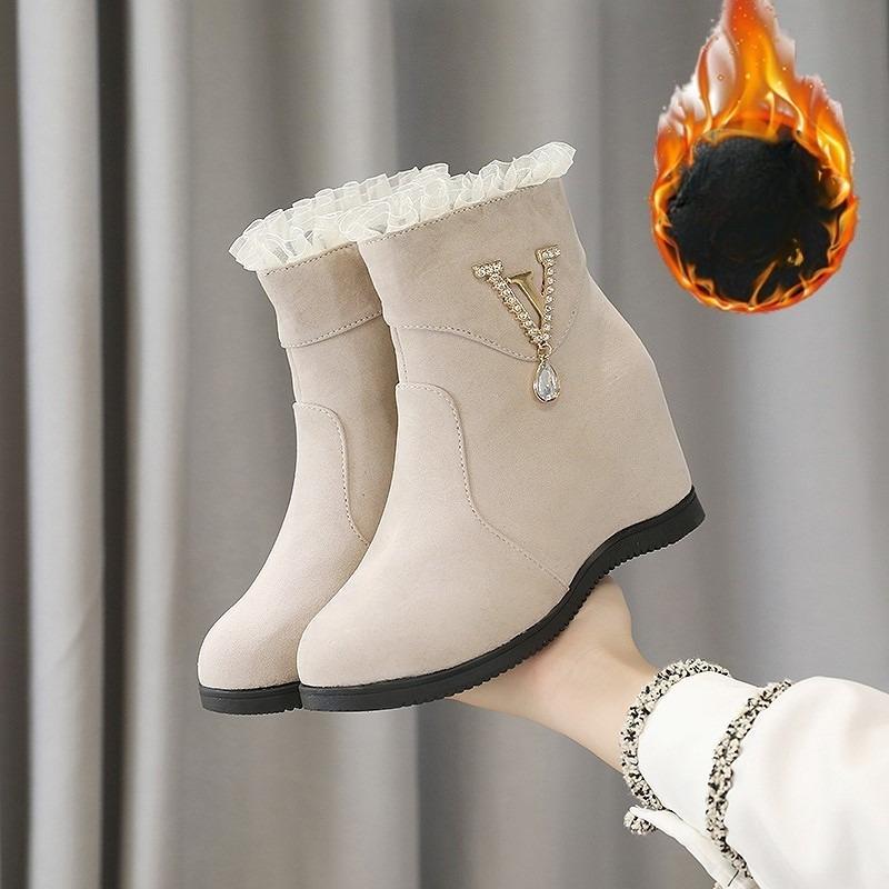 

Новые матовые женские ботинки на осень и зиму, полусапожки на среднем каблуке со стразами и мехом, из резины и смешанных цветов, женские ботильоны на танкетке 35