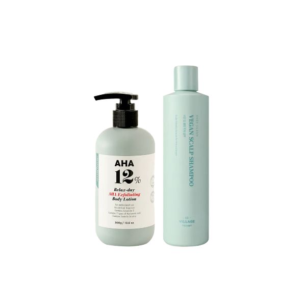 Village 11 Factory Relax Day AHA Exfoliating Body Lotion 300ml + Vegan Deep Clean Scalp Shampoo 300g