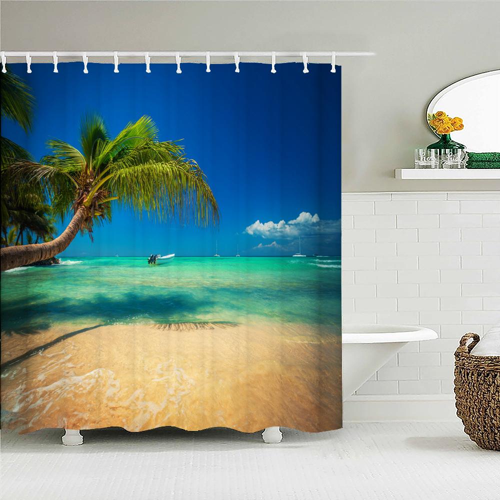 Sunset Dusk Beach Palm Tree Seaside Scenery Fabric Shower Curtain Waterproof Bath Curtains For Bathroom Decorate With 12 Hooks