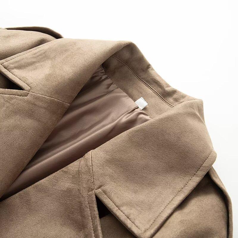 European and American Style, French Style, Women's Clothing, Fashion Lapel Pocket Decoration, Suede Effect Woolen Trench Coat