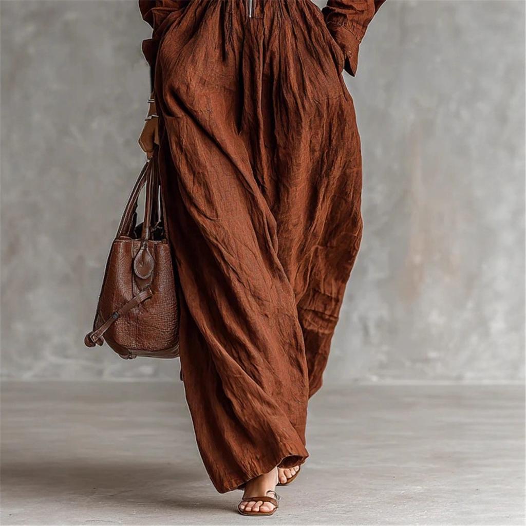 Women Lapel Zipper Maxi Dress Elastic Waist Long Sleeve Vintage Casual Long Dress With Pockets