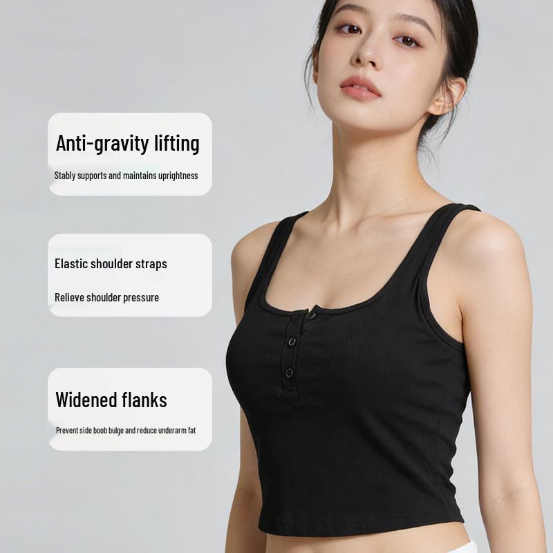 Versatile Women's Pure Cotton Ribbed Button-Up Vest with Chest Pads - Sports Slim-Fit Sleeveless Base Layer Top