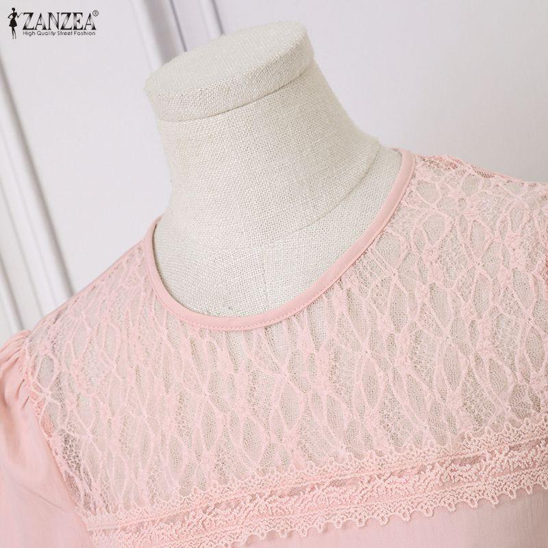 ZANZEA Womens Lace Patchwork Casual Round Neck Short Sleeve Elegant Dress