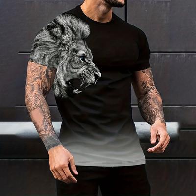 Tricou cu model de leu cu imprimeu pentru bărbați, vintage, tricou cu grafic degradat, pentru bărbați, vară, în aer liber, îmbrăcăminte casual pentru bărbați, top cu mânecă scurtă pentru bărbați