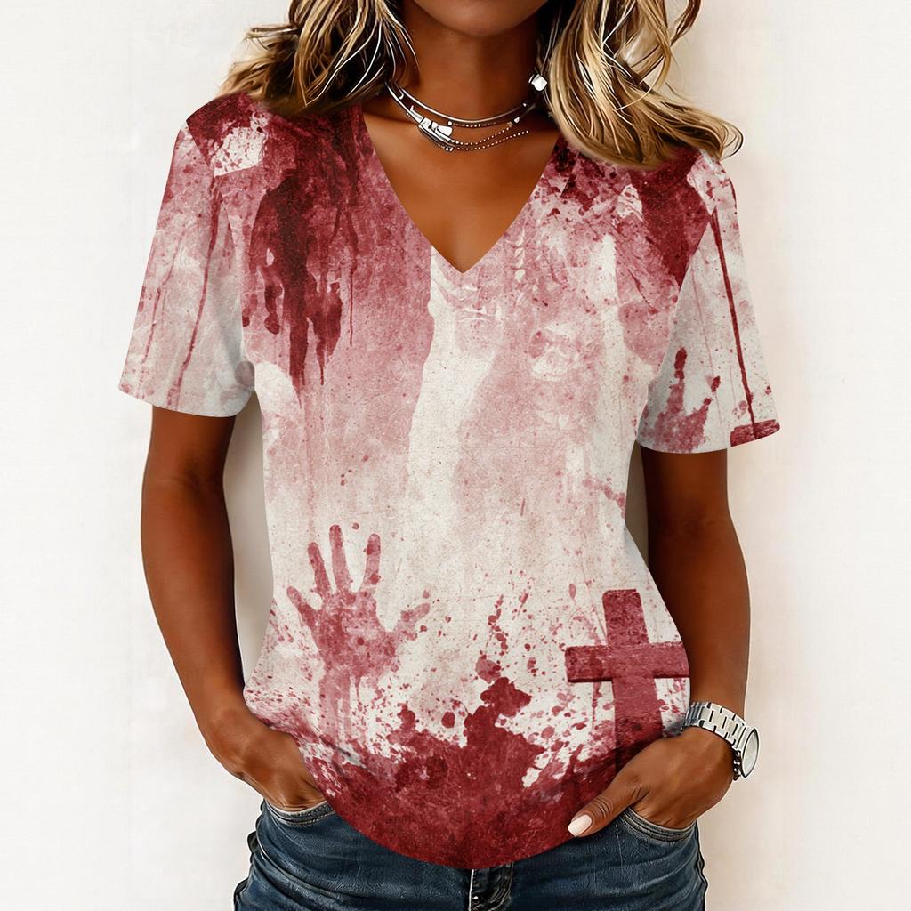 Women's Casual Short Sleeve V Neck Pullover Top Halloween Print Lightweight Loose Fit Tee Shirt