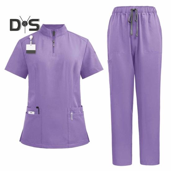 2Pcs Nurse Uniform Scrubs Set for Nurse Doctor Hospital Staff Jogger Suit with Multi Pocket Top Pants Stretchy Comfortable Workwear for Medical