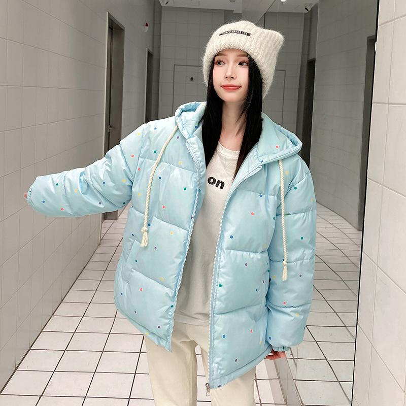 Gepunktete Daunen-Baumwolljacke Damen Winter Kurz Studenten Kleid Mit Kapuze Baumwollgepolsterte Jacke Niedliche Kleine Baumwollgepolsterte Jacke.