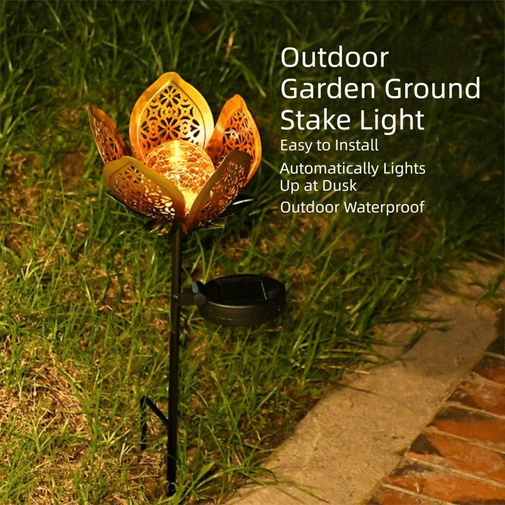 Lotus Shaped Solar Powered Lamp Hollow Out Design Waterproof Outdoor Lighting Fixture LED Flower Iron Ground Plug