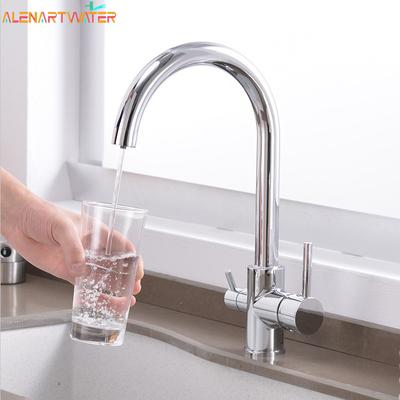 Chrome Dual Handle Filtered Crane For Kitchen, 360 Rotation Water Filter Tap Three Ways Sink Mixer Kitchen Faucet