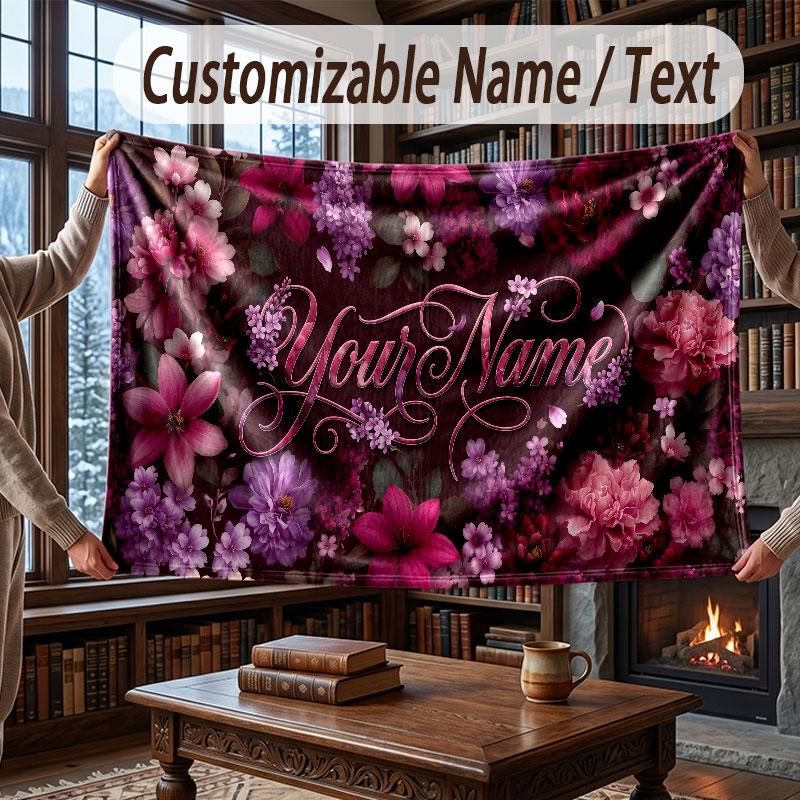 Floral Garden Theme Throw Blanket Custom Name Text Personalized Blanket Soft Cozy Blanket for Home Sofa Bed