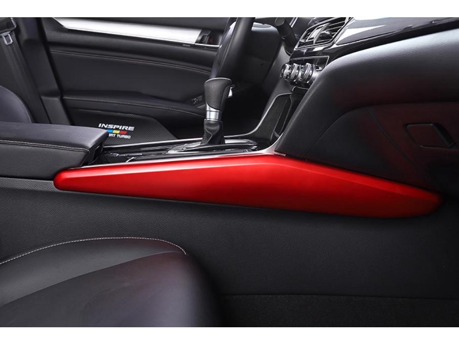 Honda Accord 18th Gen Red Interior Trim Kit: Gear Shift Frame, Armrest, Air Vent, Gear Knob, Steering Wheel.