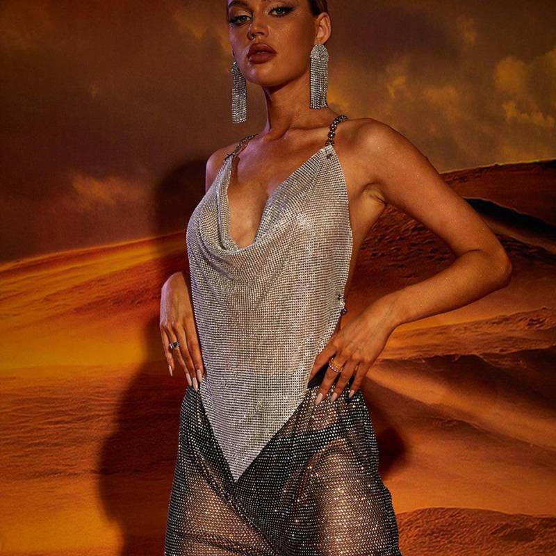Metall-Gewebe Metall Funkelnd Spaghettiträger Crop Top Für Nachtclub Damen