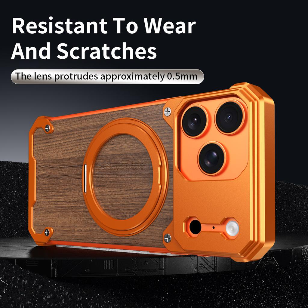 Luxury Metal Alloy Frame Wood Frameless Phone Case For iPhone 17 pro max 16 15 Pro Max Magsafe Magnet 360 Rotating Bracket Cover