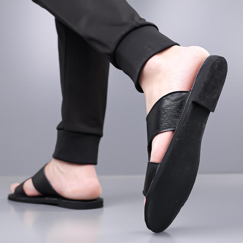 Men Black Leather Slippers Handmade Simple Flats Summer Brown Roman Sandals Open Toe Beach Shoes Plus Size