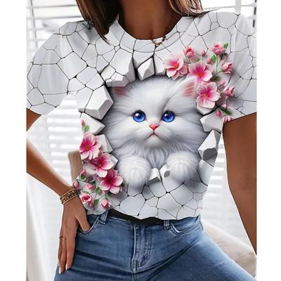 Women's T Shirt 3D Printing Kawaii Cat Floral Graphics Casual Short Sleeve Tees Tops Fashion Summer O-Neck T Shirt For Girls