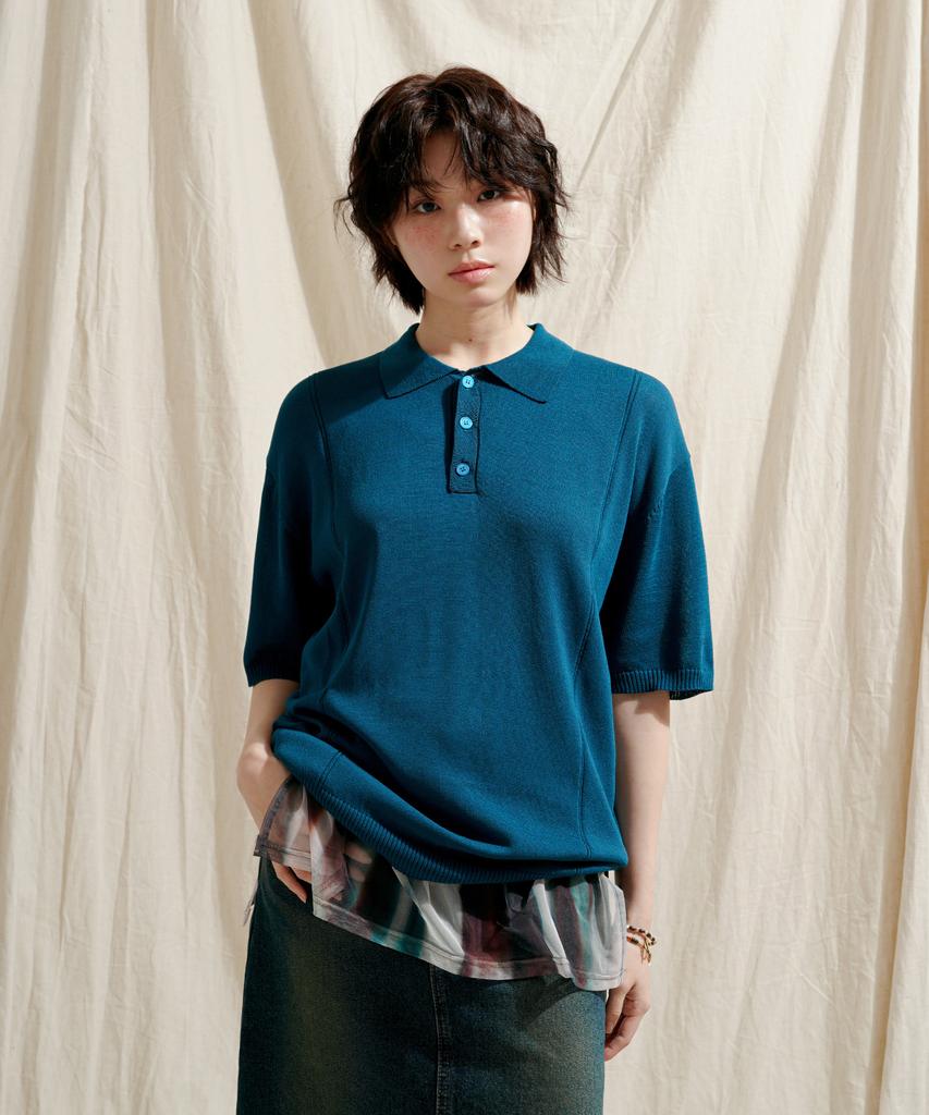 JEMUT Epic Like Linen Short Sleeve Collared Knit Blue Sokn2562