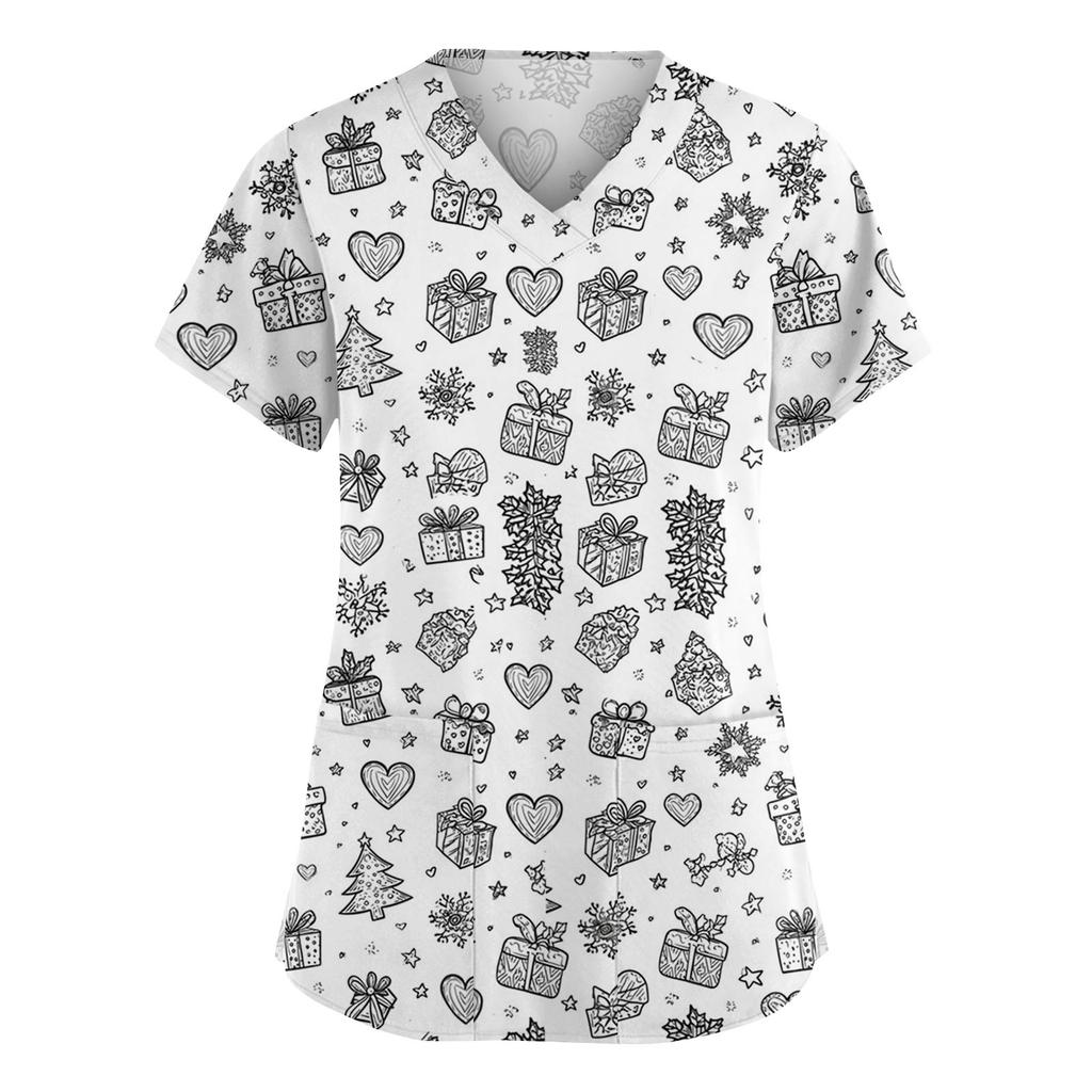 Damenmode V-Ausschnitt Kurzarm Overalls mit Taschen Print Tops Kleidung