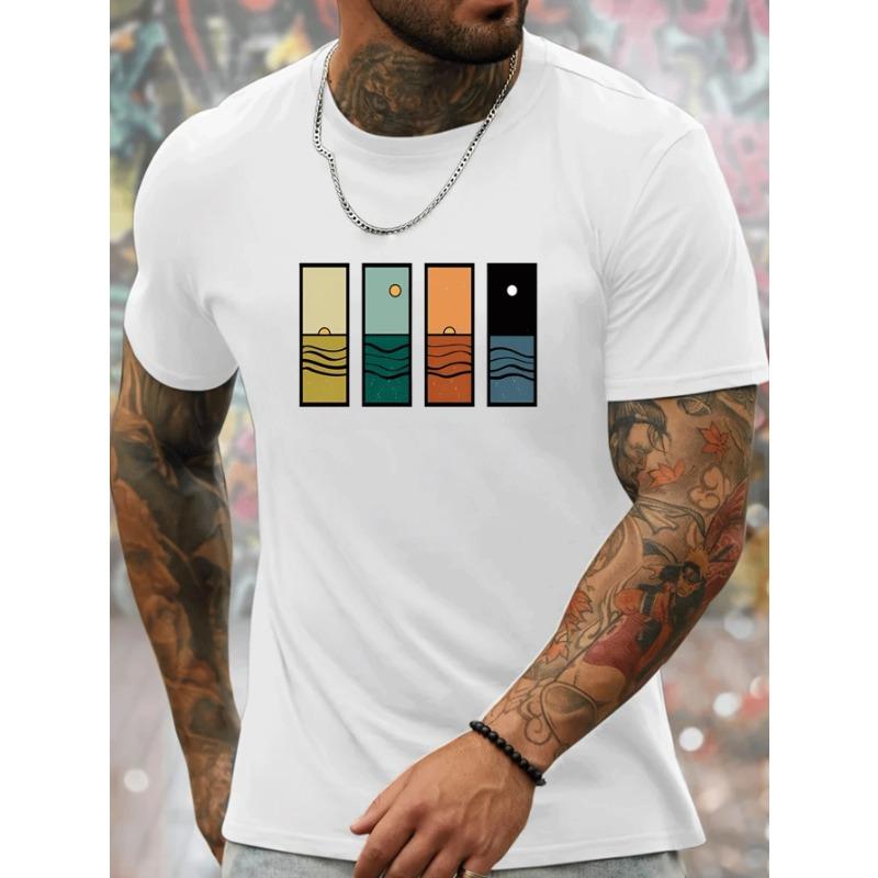 

European sizes Men s Trendy Short-Sleeve T-Shirt with Creative Sunrise Sunset Ocean Pattern Print, Casual Loose-Fit Crew Neck Base Layer 4XL білий