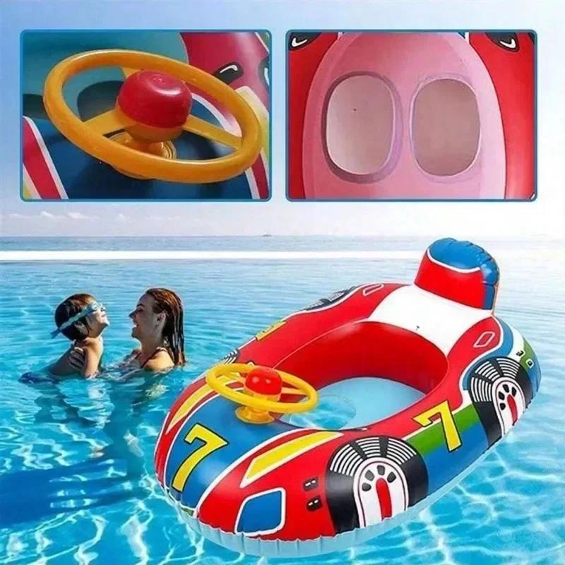 Baby Summer Inflatable Toy Swimming Ring Racing Police Car Pattern Float Seat with Steering Wheel for Pool Inflatable Water Toy