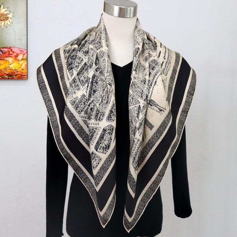 100% Mulberry Silk Scarf 90cm Square Twill Weave Paris Print Women