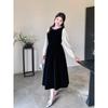 Plus-Size Hepburn-Style Velvet Dress for Women, French-Style Autumn and Winter Black Long-Sleeve Gown