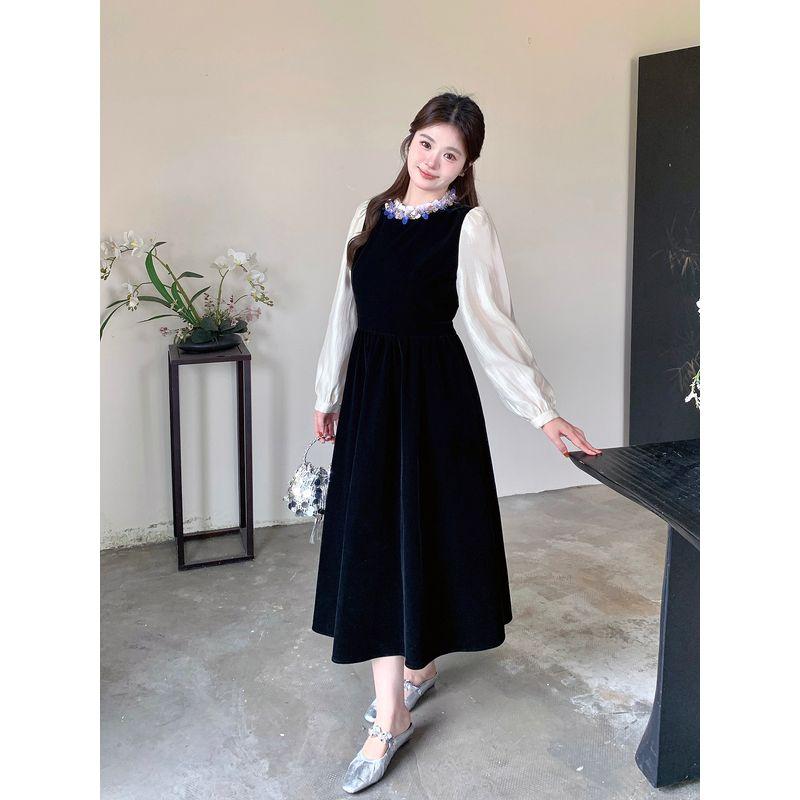 Plus-Size Hepburn-Style Velvet Dress for Women, French-Style Autumn and Winter Black Long-Sleeve Gown