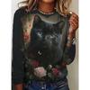 Women's Long Sleeve T-Shirt Cute Cat Pattern 3D Print Autumn Street Casual Fall Round Neck Oversized Clothing Outdoor T Shirts