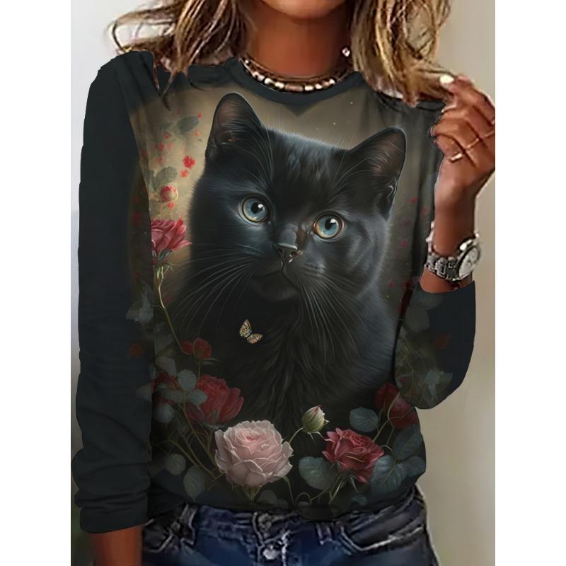 Women's Long Sleeve T-Shirt Cute Cat Pattern 3D Print Autumn Street Casual Fall Round Neck Oversized Clothing Outdoor T Shirts