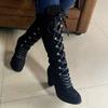 Damen Kniehohe Stiefel - Schnürstiefel mit Rundem Zehenpartie, Lässige Stiefel mit Blockabsatz, Wildleder Obermaterial & Robuste Gummisohle, Bequeme Winterstiefel