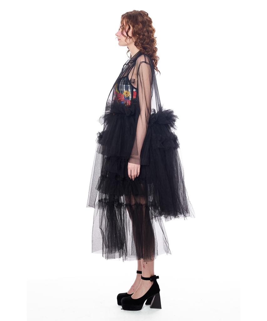 Greedius Sheer Ruffle Shawl Dress