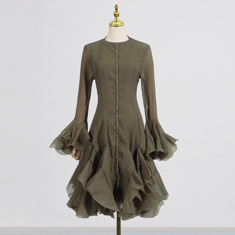 2025 Summer Women's Ruffle Design Waist-Slimming Flared Sleeve Dress