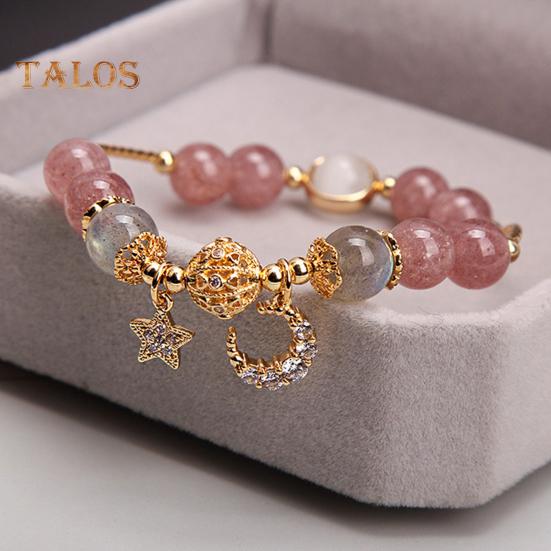 Women Bracelet Smooth Bead Polished Star Moon Pendant Rhinestone Adjustable Shopping Work Party Dating Wrist Chain Lady Jewelry