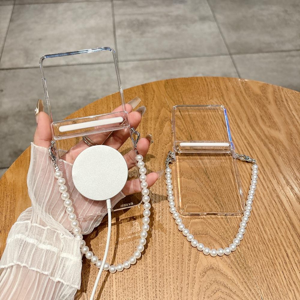 Transparent Pearl Bracelet Case for Samsung Galaxy Z Flip 7 6 5 4 3 Magnetic Hand Wrist Chain Clear Hard PC Cover