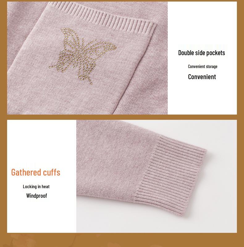 Elegant Embroidered Knit Zipper Cardigan for Middle-Aged & Elderly Women - Autumn/Winter Velvet Pullover