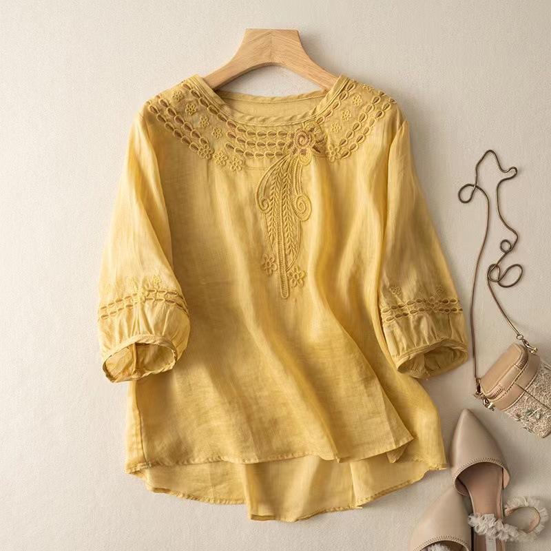 Women Summer Embroidered Round Neck Linen Cotton Blouse