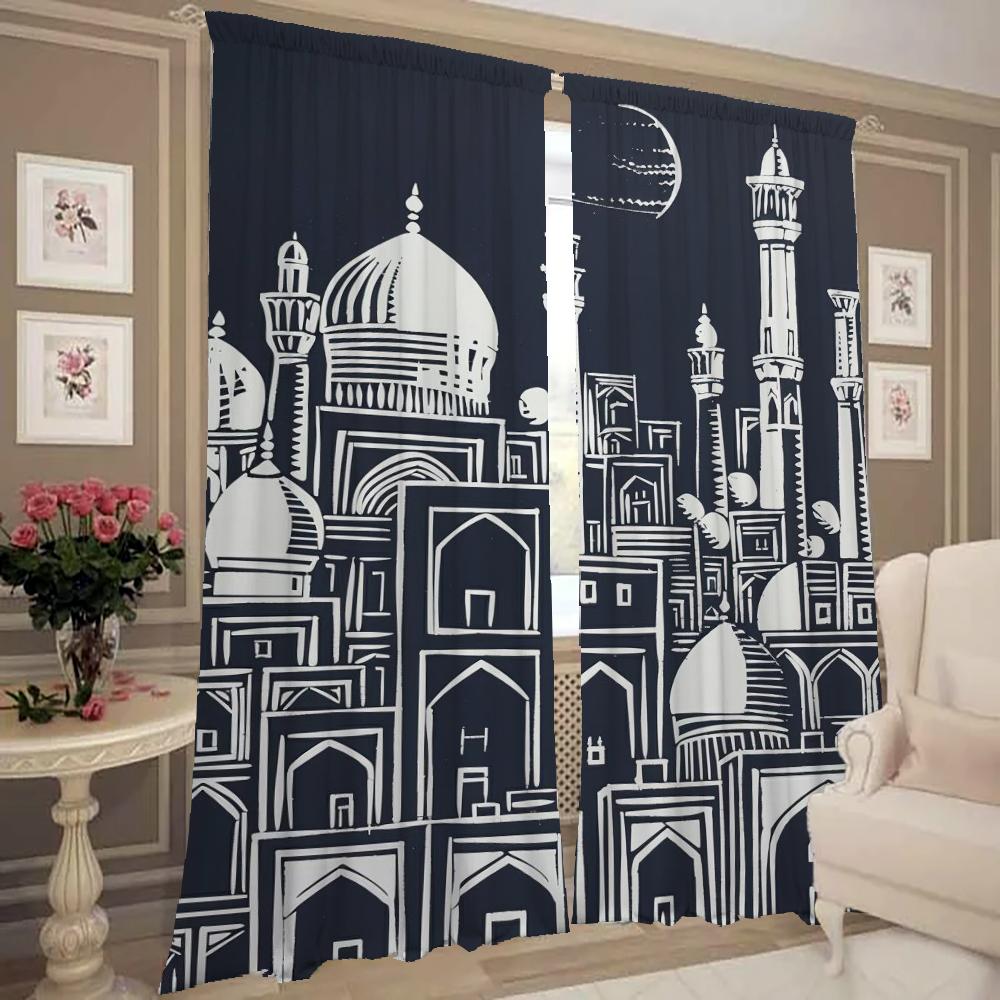 Kitchen Curtains for Living Room 2 Pieces Blackout Curtains Door Curtain Ancient Architecture Partition Bedroom Decoration Shade