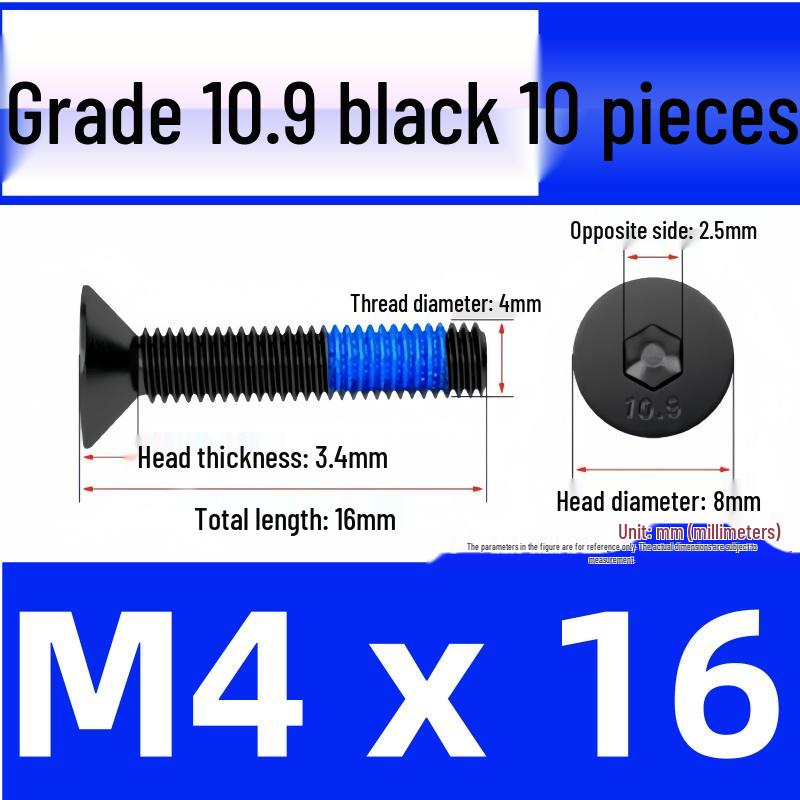 Black Anti-Slip Flat Cup Screw with Adhesive Blue Glue, Countersunk Hexagon Socket, Available in M2-M8 Sizes
